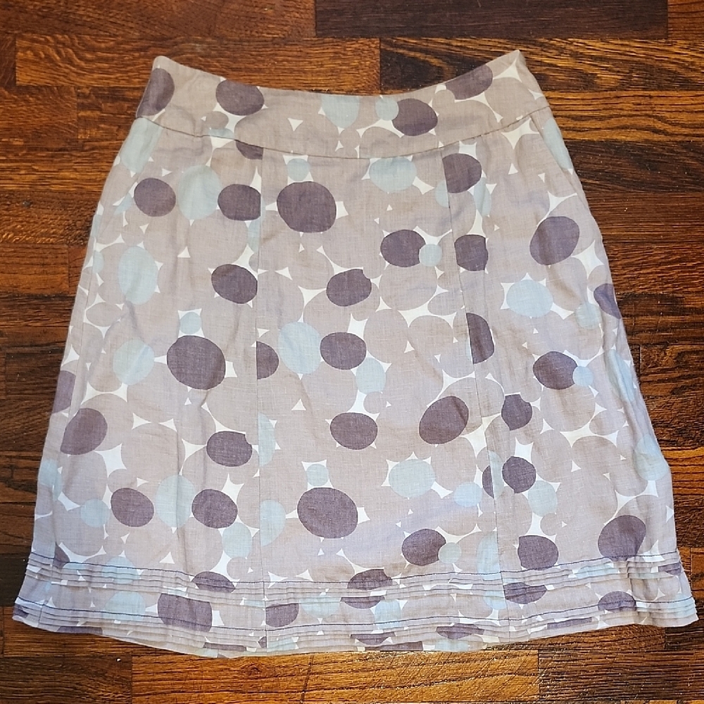 Boden 100% Linen Midi Feminine Grey and Blue Polka Dot Patterned Skirt Ruffle 6R